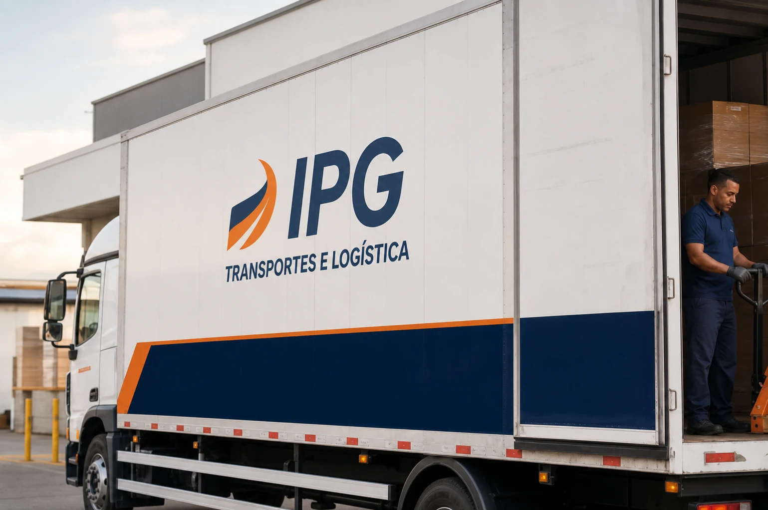 Cena representativa de caminhão com identidade visual da IPG em uma operação de carga