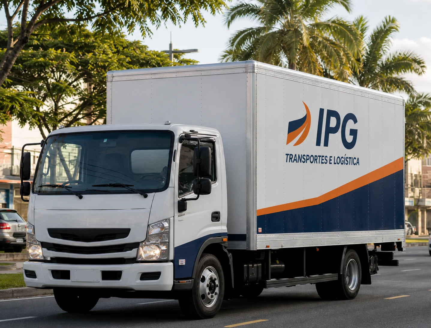 Cena representativa de caminhão com identidade visual da IPG realizando distribuição urbana